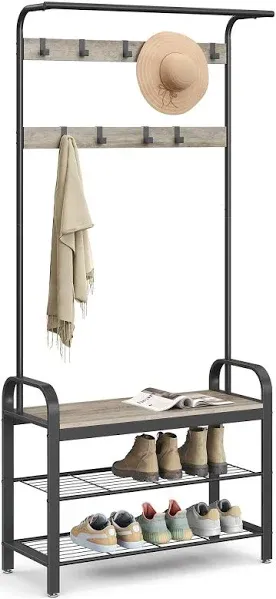 Entryway Bench with Coat Rack - 4-in-1 Hall Tree - Rustic Walnut &amp; Black