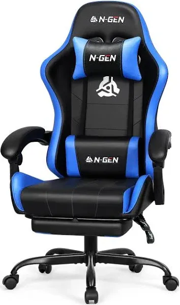 N-GEN Gaming Video Gaming Chair with Footrest High Back Ergonomic Comfortable Office Computer Desk with Lumbar Support Height Adjustable with PU