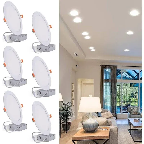 8 Inch LED Recessed Light with Junction Box, 6 Pack Ultra Thin LED Recessed Lighting.3000K Warm White, 18W 110V Eqv.Recessed Ceiling Canless Lights.Slim Can-Killer Downlight,1500LM,CRI80+