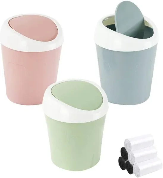 SITAKE 2 Pcs Plastic Mini Wastebasket Trash Can with 120 Trash Bags, Tiny Desktop Waste Garbage Bin with Swing Lid for Home, Office, Kitchen, Vanity Tabletop, Bedroom, Bathroom (Green + Pink)