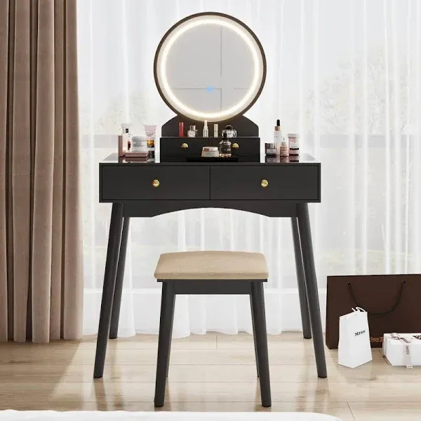 Furmax Vanity Desk Makeup Vanity Table with Lighted Mirror Vanity Set with Modern Desktop, Soft Cushioned Stool, 4 Storage Drawers, 3 Colors Mirror Brightness Adjustable (Black)