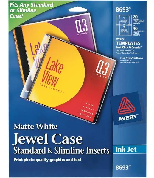 Avery - Inkjet CD/DVD Jewel Case Inserts, Matte White, 20/Pack