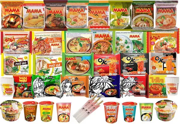 HCG Thai Ramen Noodles Variety Pack with Mama Soup and Wai Wai Quick Instant Noodle Pack of