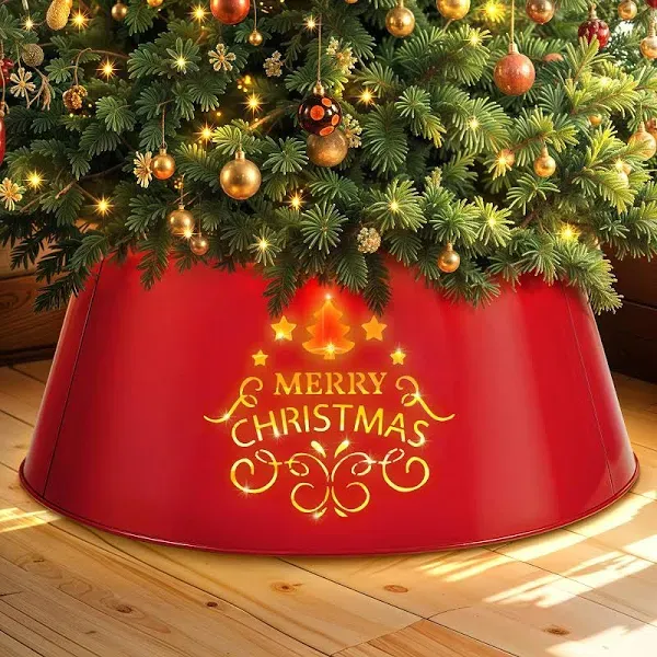 Metal Merry Christmas Tree Collar with Light String, Tree Ring Christmas Deco...