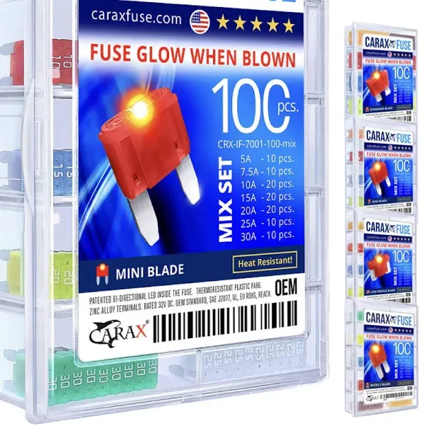 Carax Glow Fuse Premium Fuse Mini Blade 100 Pcs. Assortment Kit