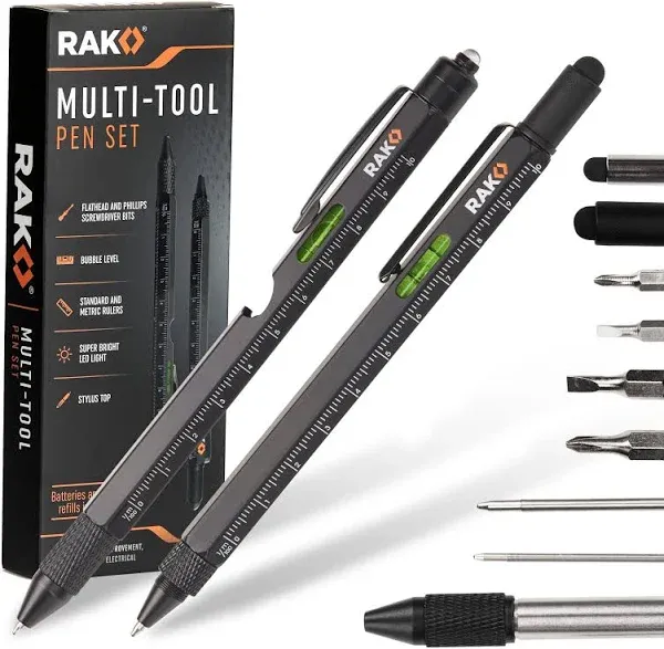 RAK Multitool Pen 2-Pack - Multi-Tool Pens with LED Light, Flathead & Phillips Screwdrivers, Level, Ruler, Bottle Opener, and Stylus. Gift-Ready Box with Ink Refills & Batteries. Great for EDC.