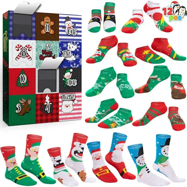 JOYIN 2024 Christmas Advent Calendar,12 Days Christmas Warm Cotton Socks for Women, Countdown Calendar with 8 Low Cut Socks & 4 Knee High Socks, Christmas Party Favor Gifts, Christmas Socks for Adults