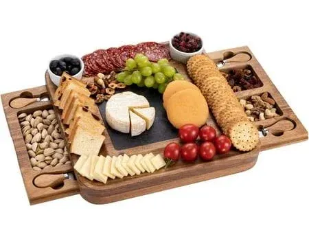 HBlife Acacia Slide-Out Drawer Cheese & Charcuterie Board with Knife Set - Wine and Cheese Platter, Housewarming & Wedding Gift