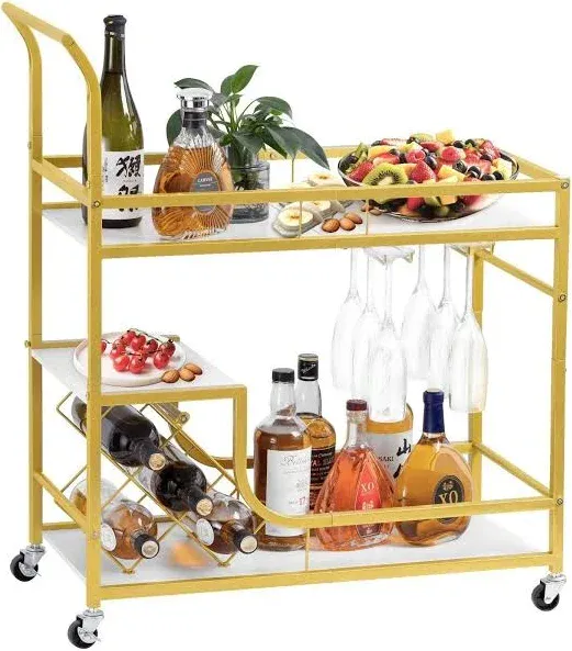 Ollieroo Bar Cart with Wheels, Gold Bar Serving Cart for The Home, Wine Cart with Wine Holders and Glass Holders, 2-Tier Drink Cart with Mirrored Glass and Mesh Shelve for Living Room, Kitchen, Party