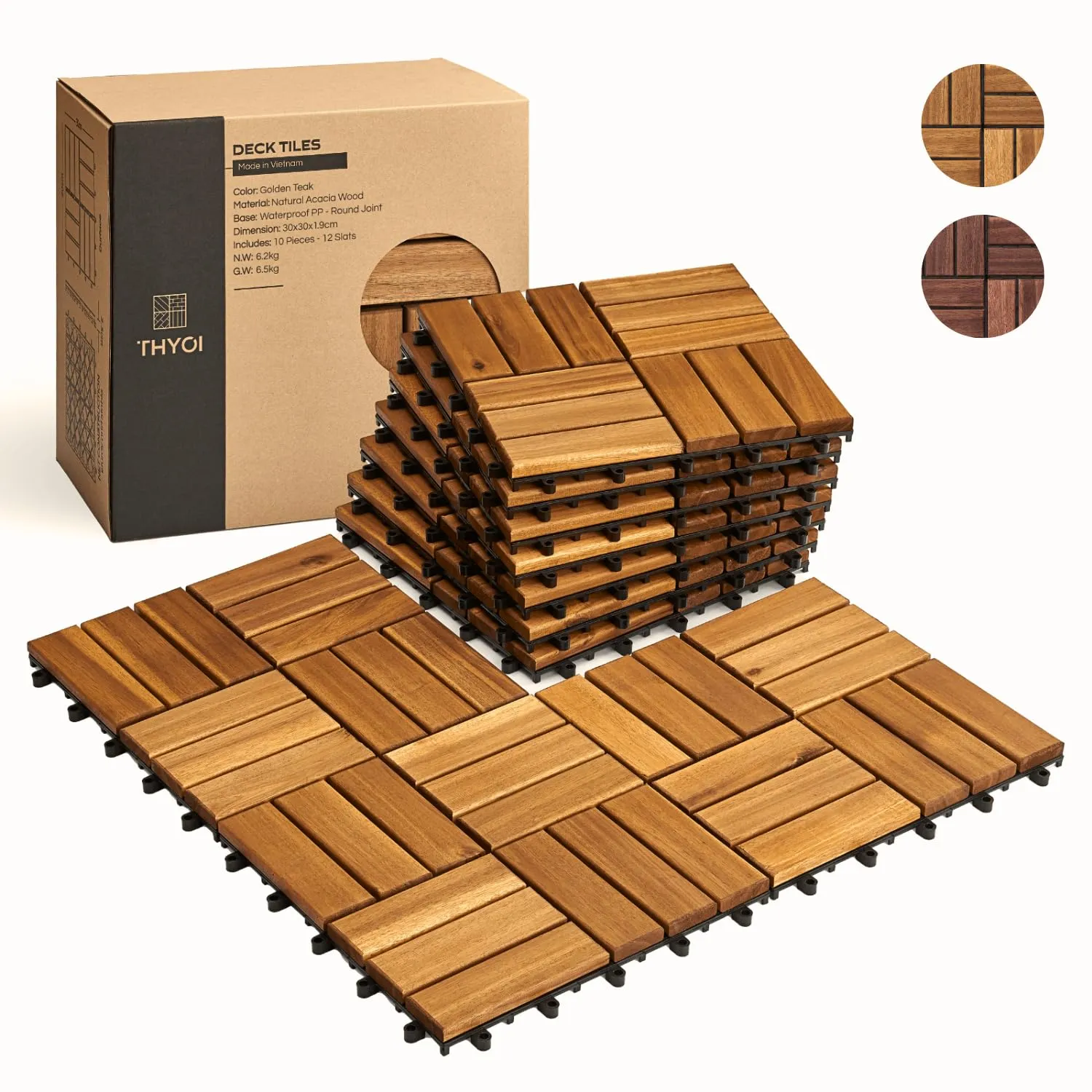 Thyoi 10 Pcs Interlocking 12 inchx12 inch Acacia Deck Tiles