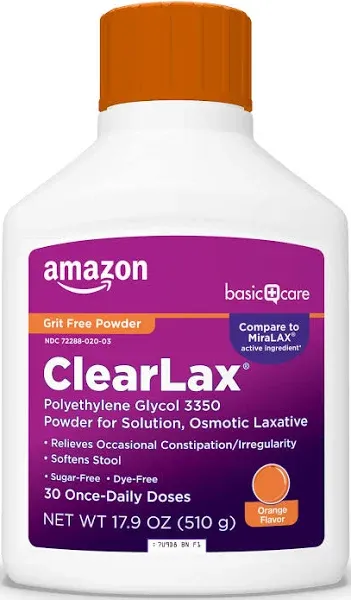 Amazon Basic Care ClearLax Polyethylene Glycol 3350 Powder for Solution, Orange Flavor, Osmotic Laxative, Stool Softener, Relieves Occasional Constipation, 1.11 pound (Pack of 1)