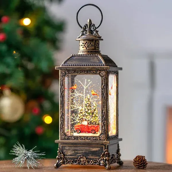 Red Truck Snow Globe Christmas Lantern Lighted with Music &amp; Timer Glitter Decor