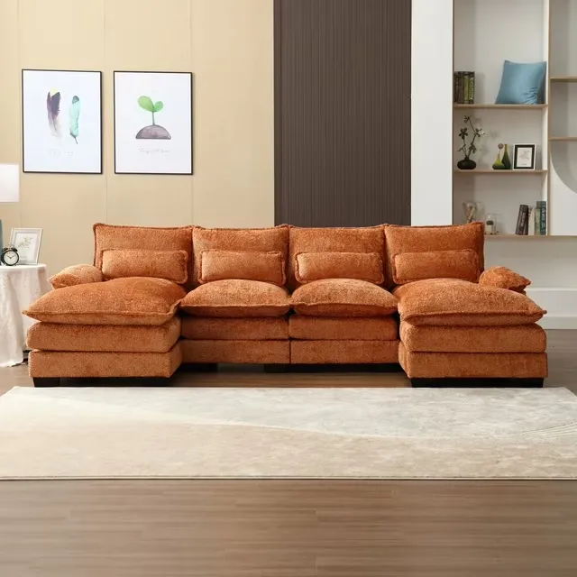 Jonpony 110.63" U Shaped Couch 4 Seat Sectional with 4 Throw Pillows