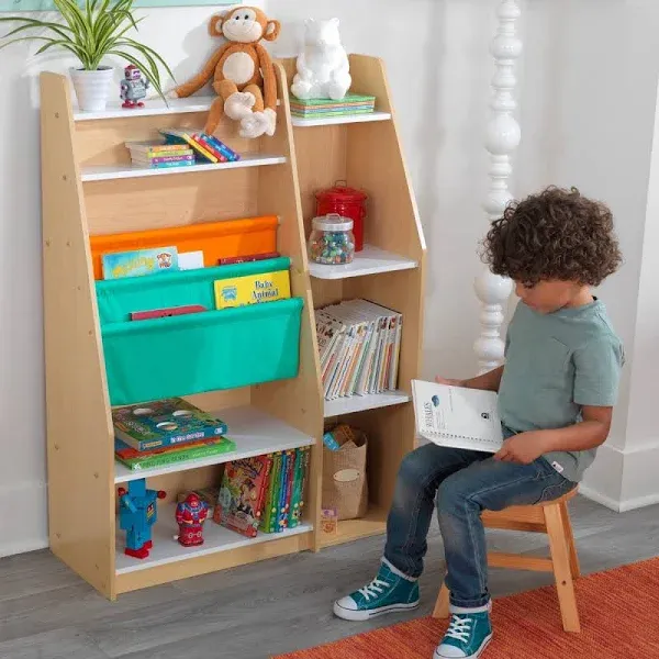 KidKraft Pocket Storage Wood Bookshelf with Slings and Shelves, Children's Furniture, Natural