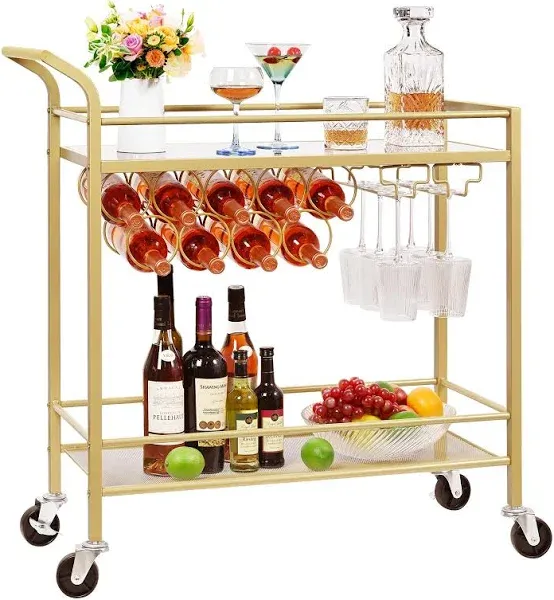 Bar Cart, Home Bar Serving Cart, Drink Cart, Microwave Cart, Striped Glass-Gold