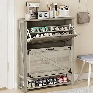 Shoe Cabinet with 2 Flip Drawers, Farmhouse Shoe Storage Cabinet for Entryway, Freestanding Shoe Organizer with Open Storage Rack, Narrow Shoe Rack Cabinet, Grey