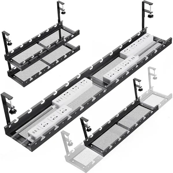 31Inch Extendable Under Desk Cable Management Tray, Metal Cable Management Tray Under Desk Cord Management with Clamp, Extendable Power Strip Cord Holder for Wire Cable Management