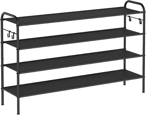 SONGMICS 44.9" Wide 4-Tier Fabric Shoe Rack with 4 Hooks Ink Black