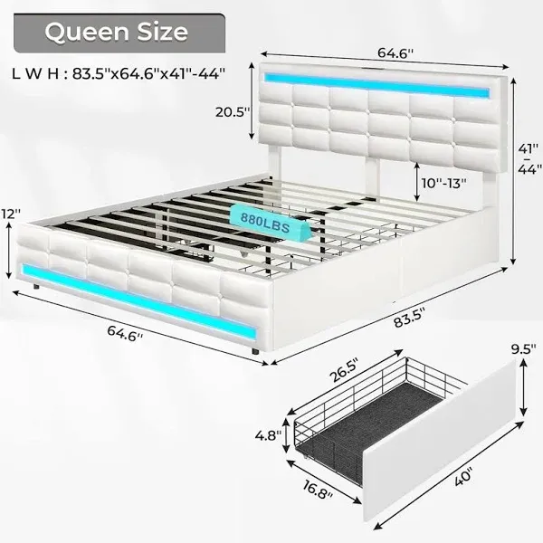 LED Bed Frame Platform Bed 2 USB Ports 4 Storage Drawers