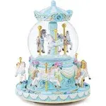 Shabi Carousel Snow Globe Music Box - 8 Horse Blue Snowglobe Anniversary Christmas Birthday Gift for Wife Daughter Girlfriend Girl Wind Up Clockwork