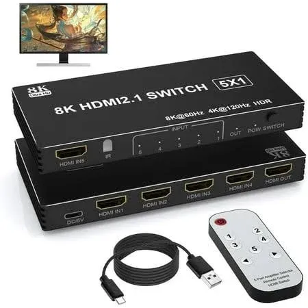 8K HDMI Switch 5 in 1 Out, 5 Port HDMI Splitter with IR Remote HDMI Switcher Selector Box Support 8K@60Hz 4K@120Hz, HDMI 2.1 Switch Compatible with PS 5/4/3 Xbox Switch Roku TV Fire Stick PC