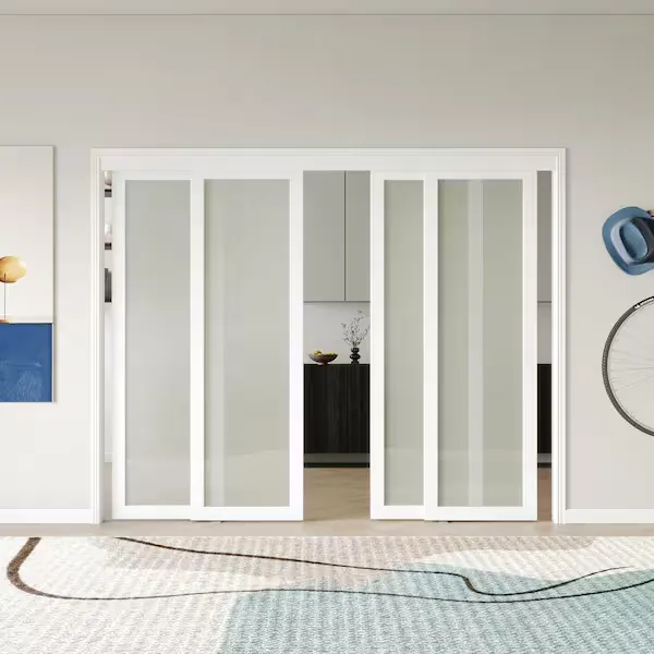 80 in. MDF White Double Frosted 1 Panel Glass Sliding Door with All Hardware