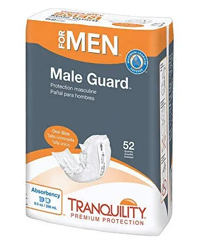 Tranquility Male Guards, Premium Incontinence Shields for Maximum Absorbency, Adhesive Strip for Secure Placement, Discreet Design, One Size, 52ct Bag