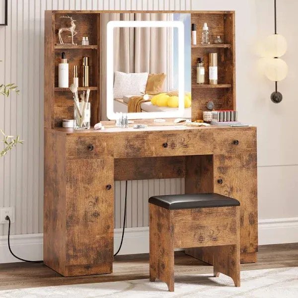 Ironck Vanity Desk Set with Large LED Lighted Mirror, Power Outlet, 7 Drawers, Vanities