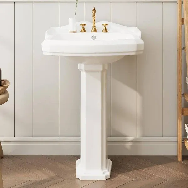 GARVEE Bathroom Pedestal Sinks,Pedestal Sink 23" W X 19" D Vintage White Ceramic Pedestal Bathroom Sink With Overflow and 3 Pre-Drilled Holes