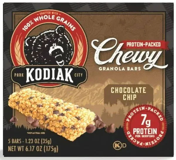 Kodiak Cakes Chewy Granola Snack Bars, Chocolate Chip, High Protein, 100% Whole Grains, 12 boxes with 5 bars each (60 bars total)