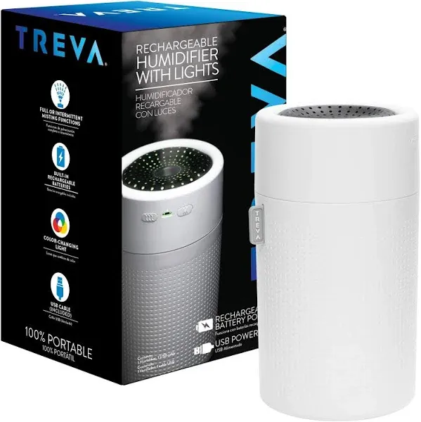 Treva Portable Mini Humidifier 750ml Capacity, Cool Mist Humidifier with Colored LED Lights, USB and Rechargeable Battery Powered, Whisper Quiet with Two Misting Modes and Auto Shut Off