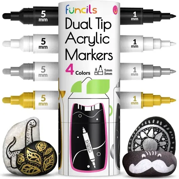 Funcils 4 Dual Tip Acrylic Paint Pens - Fine Tip &amp; Medium, Permanent &amp; Waterp...