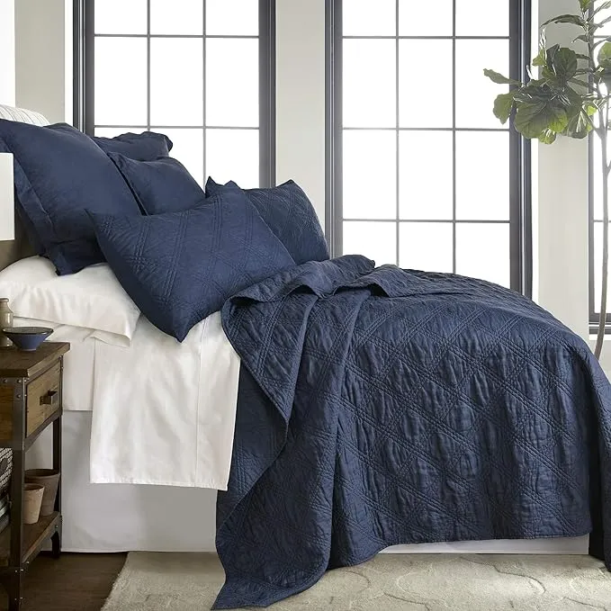 Levtex Home - 100% Linen Front/100% Cotton Back - King Quilted Sham - Washed Linen - Navy - Sham Size (36 x 20in.)