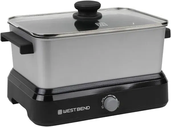 West Bend 87905 Slow Cooker Large Capacity Non-stick Vessel with Variable Temperature Control Includes Travel Lid and Thermal Carrying Case, 5-Quart, Silver