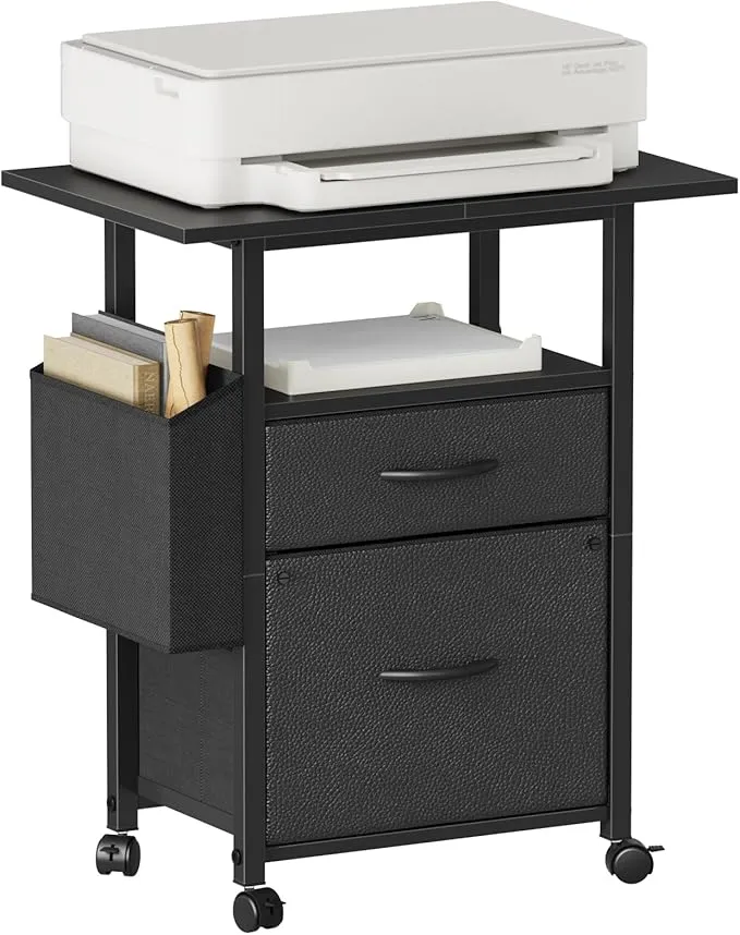 2 Drawer File Cabinet with 24'' Extended Desktop, Mobile Filing Cabinet, Rolling File Cabinet with Side Bag, Fabric Drawer, Fits A4 Size, Home Office, Black