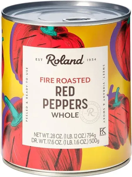 Roland Foods Whole Fire Roasted Red Peppers, 28 Ounce Can, Pack of 4