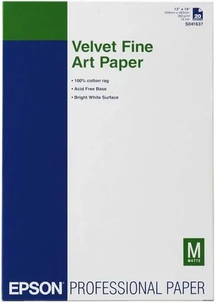 Epson S041637 Velvet Fine Art Paper, 13 x 19, White (Pack of 20 Sheets)