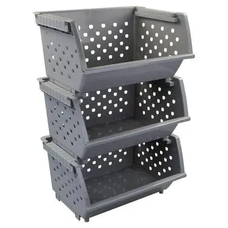 3-Pack Plastic Stacking Storage Basket, Stackable Bin Organizer, Gray Traffer