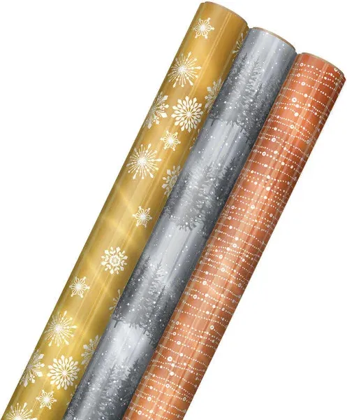 Hallmark Foil Wrapping Paper with Cut Lines on Reverse (3 Rolls: 60 Sq. Ft. Ttl) Rose Gold, Silver Trees, Gold Snowflakes for Winter Weddings, Graduations, Valentine's Day