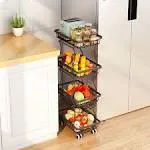 CHLORYARD 4 Tier Slim Fruit Basket For Kitchen Stackable Metal Wire Fruit Vegetable Storage Baskets Organizer Stand On Wheels