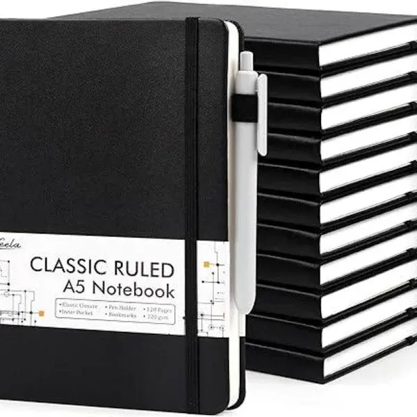 12 Pack A5 Journal Notebooks College Ruled Notebook Classic Leather Hardcover Lined Journals for Writing Office School Home Business, 8.3 x 5.5 inch, 100GSM Thick Paper, 160 Pages (Black, 12 Pack)