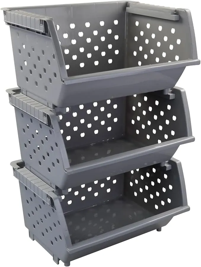 3-Pack Plastic Stackable Storage Baskets, Stacking Organizer Bins, Grey