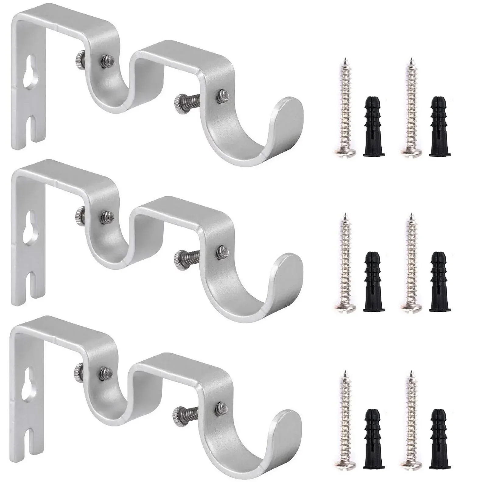 3 Pack Double Curtain Rod Brackets, Wall Mount Heavy Duty Curtain Rod Holder for for 1" and 0.7" Rods, Silver