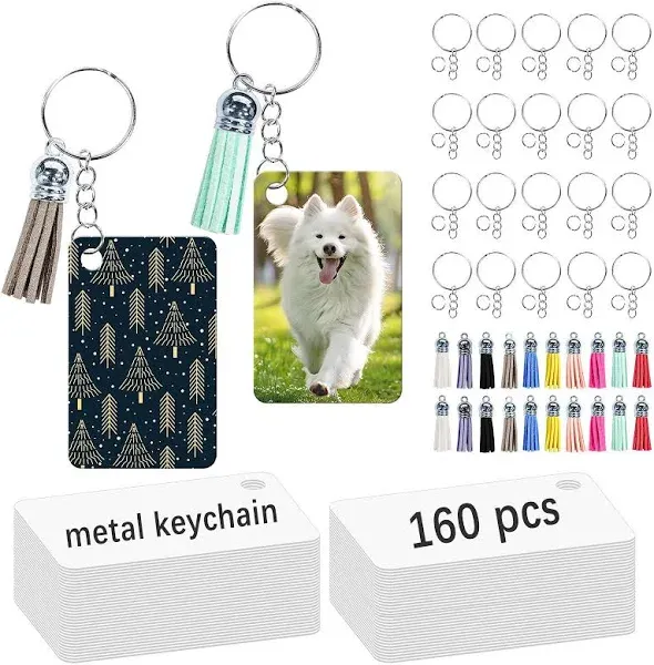 160 Pcs Metal Sublimation Keychain Blanks Bulk,Double Sided Sublimation Blanks Keychain Heat Transfer Keychain Blanks with Tassels,Sublimation Ornament Blanks Key Chain