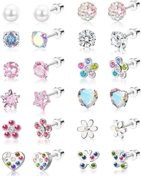 Tiny Surgical Steel Heart CZ Flower Pearl Ball Screwback Stud Earrings (12 Pairs)