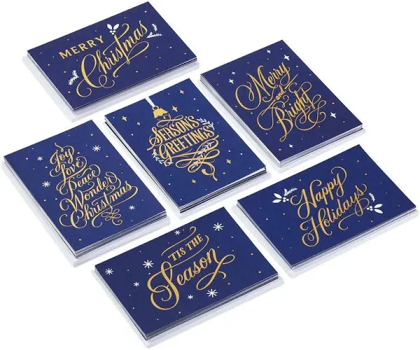 Hallmark Boxed Christmas Cards Assortment Blue and Gold Holidays 72 Cards with Envelopes