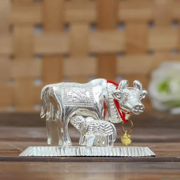 Cow and Calf Idol for Pooja | Kamdhenu Gau MATA Silver Color | Figurine showpiece Divine Pooja Gift décor