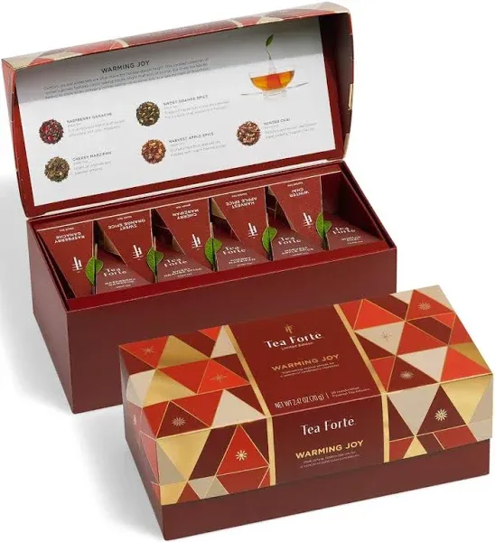 Tea Forte Warming Joy Tea Bags Gift Set, Holiday Spice Tea Sampler with 20 Pyramid Tea Influsers in Festive Presentation Gift Box, Organic Tea Bags Variety Pack