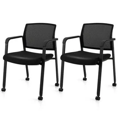 Costway Conference Chairs Set of 2 Mesh Back Stackable Office Guest Chairs Waiting Room Chairs with Wheels & Armrests