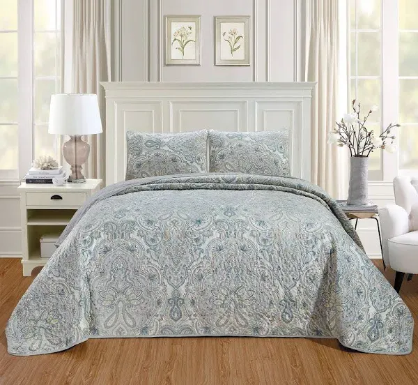 Elegant Oversize King Microfur Bedspread Set - Paisley Pattern in Aqua Grey